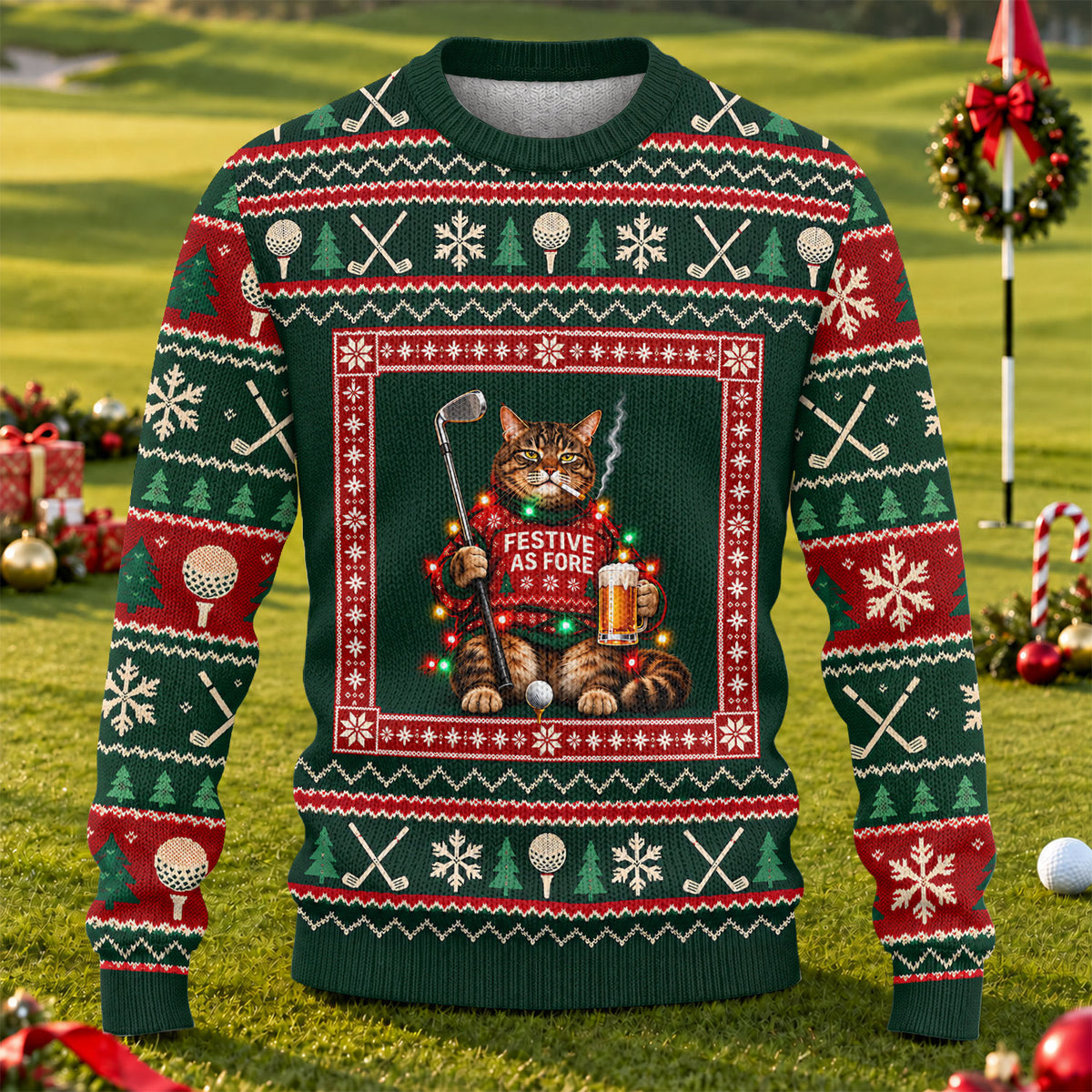 Festive As Fore Cat Beer Ugly Christmas Sweater, Funny Xmas Gift, Christmas Golf Gift