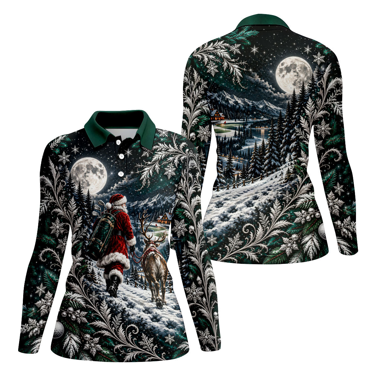 Moonlight Santa Reindeer Christmas Golf Shirt, Womens Golf Clothing, Womens Golf Tops