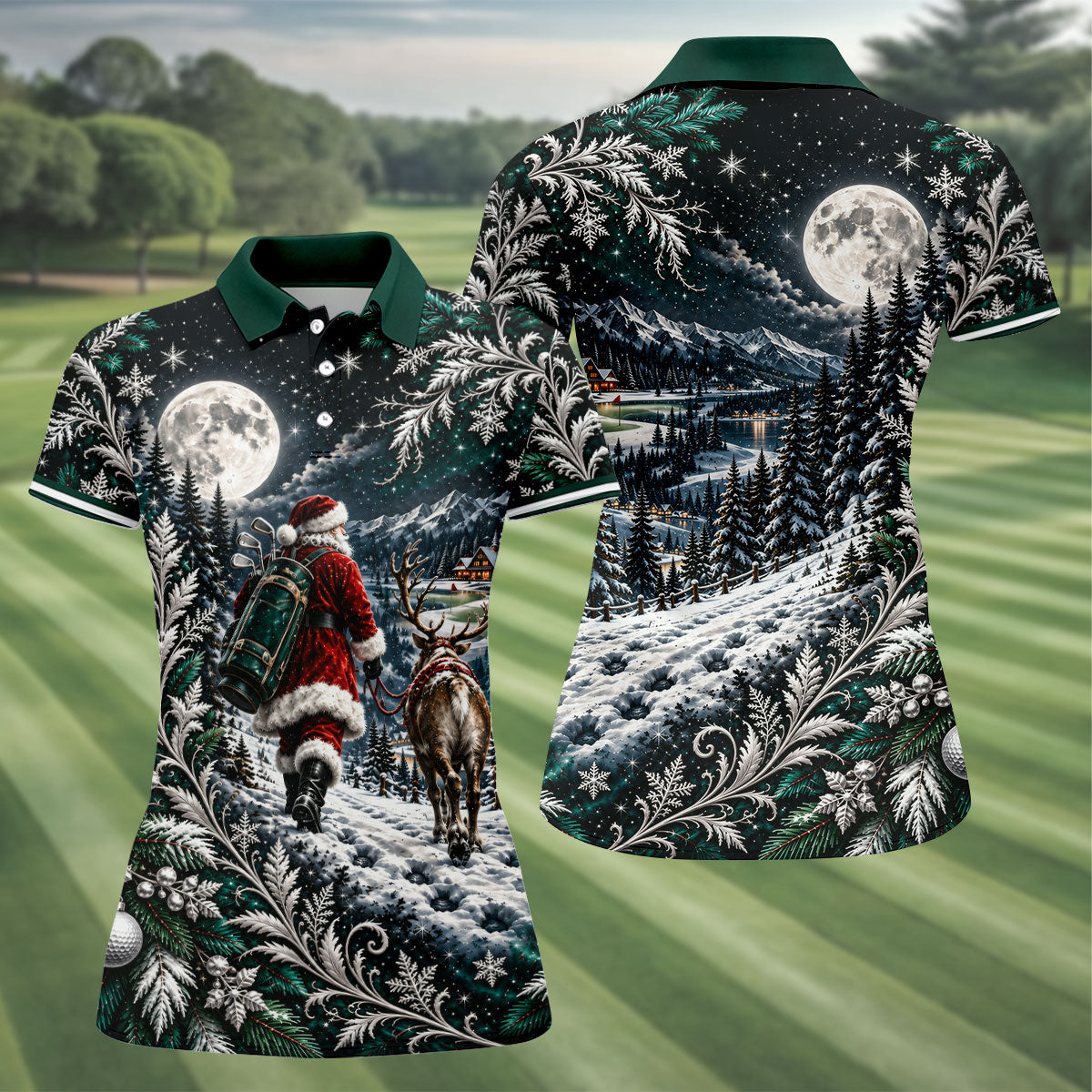 Moonlight Santa Reindeer Christmas Golf Shirt, Womens Golf Clothing, Womens Golf Tops