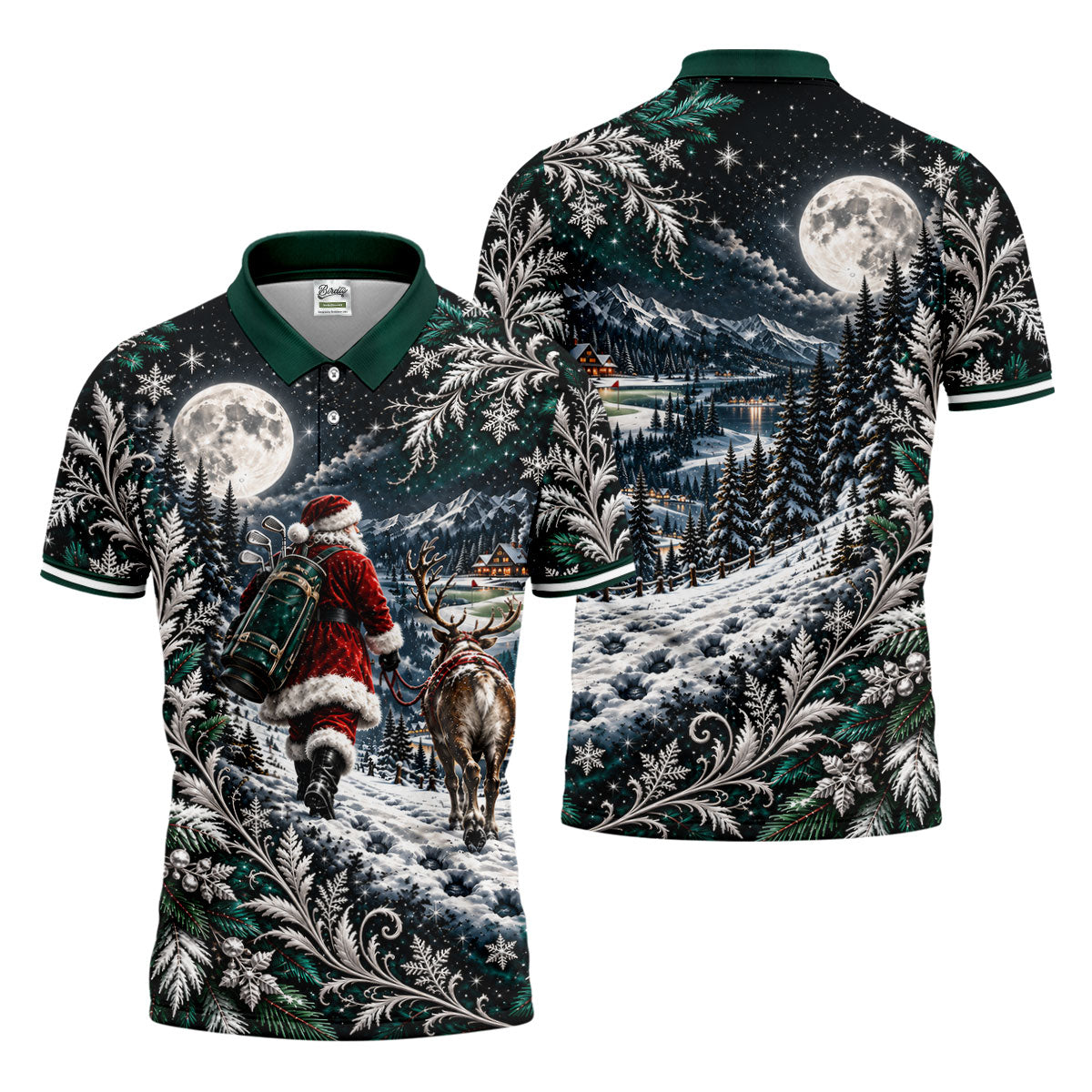 Moonlight Santa Reindeer Christmas Golf Shirt, Golf Shirts For Men, Golf Polo For Men