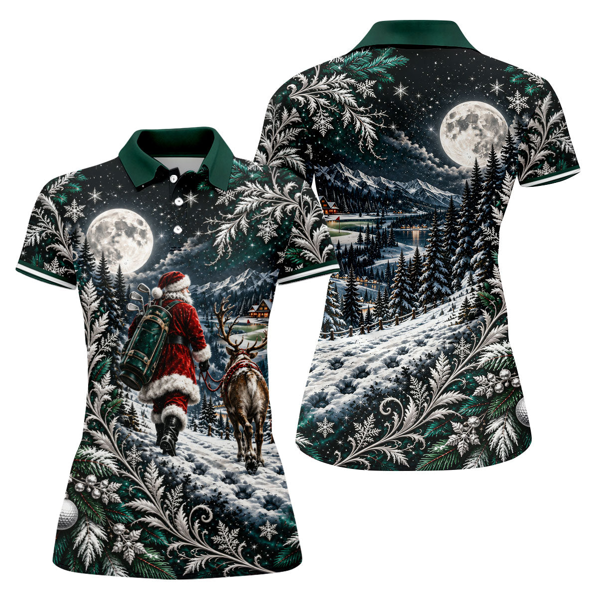 Moonlight Santa Reindeer Christmas Golf Shirt, Womens Golf Clothing, Womens Golf Tops