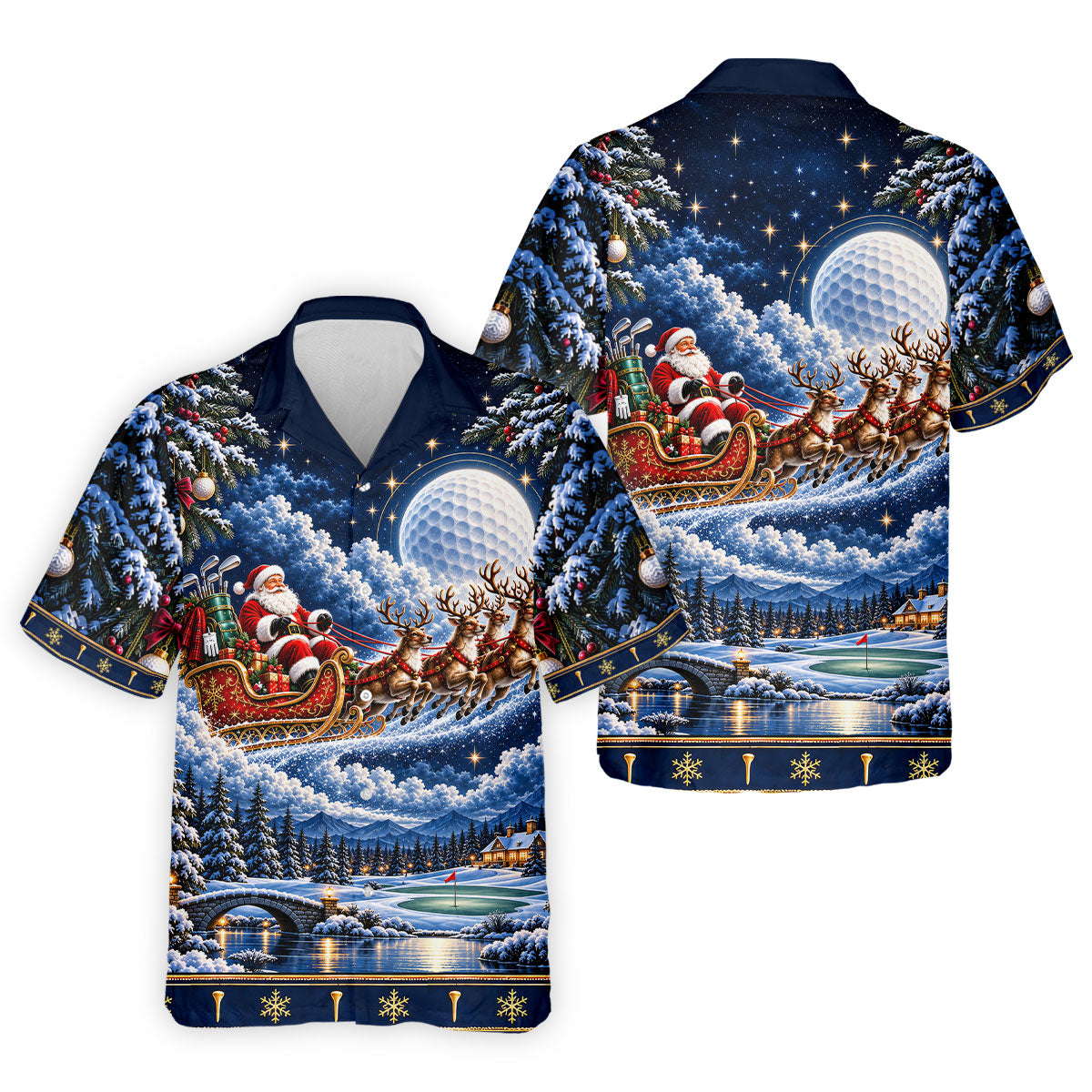 Santa Sleigh Golf Moon Christmas Golf Shirt, Mens Golf Polo, Mens Holiday Golf Shirts