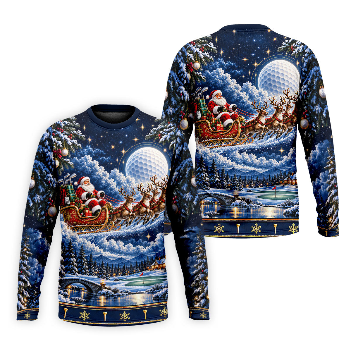 Santa Sleigh Golf Moon Christmas Golf Shirt, Mens Golf Polo, Mens Holiday Golf Shirts