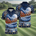 Santa Sleigh Golf Moon Christmas Golf Shirt, Mens Golf Polo, Mens Holiday Golf Shirts