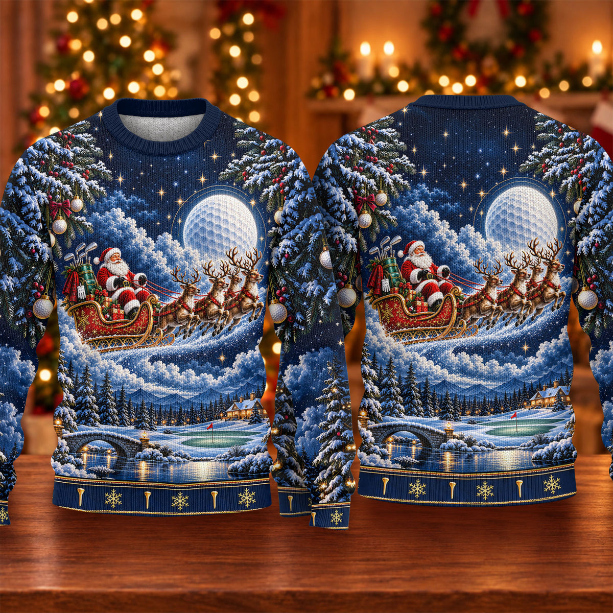 Santa Sleigh Golf Moon Ugly Christmas Sweater, Funny Holiday Sweater, Christmas Gifts