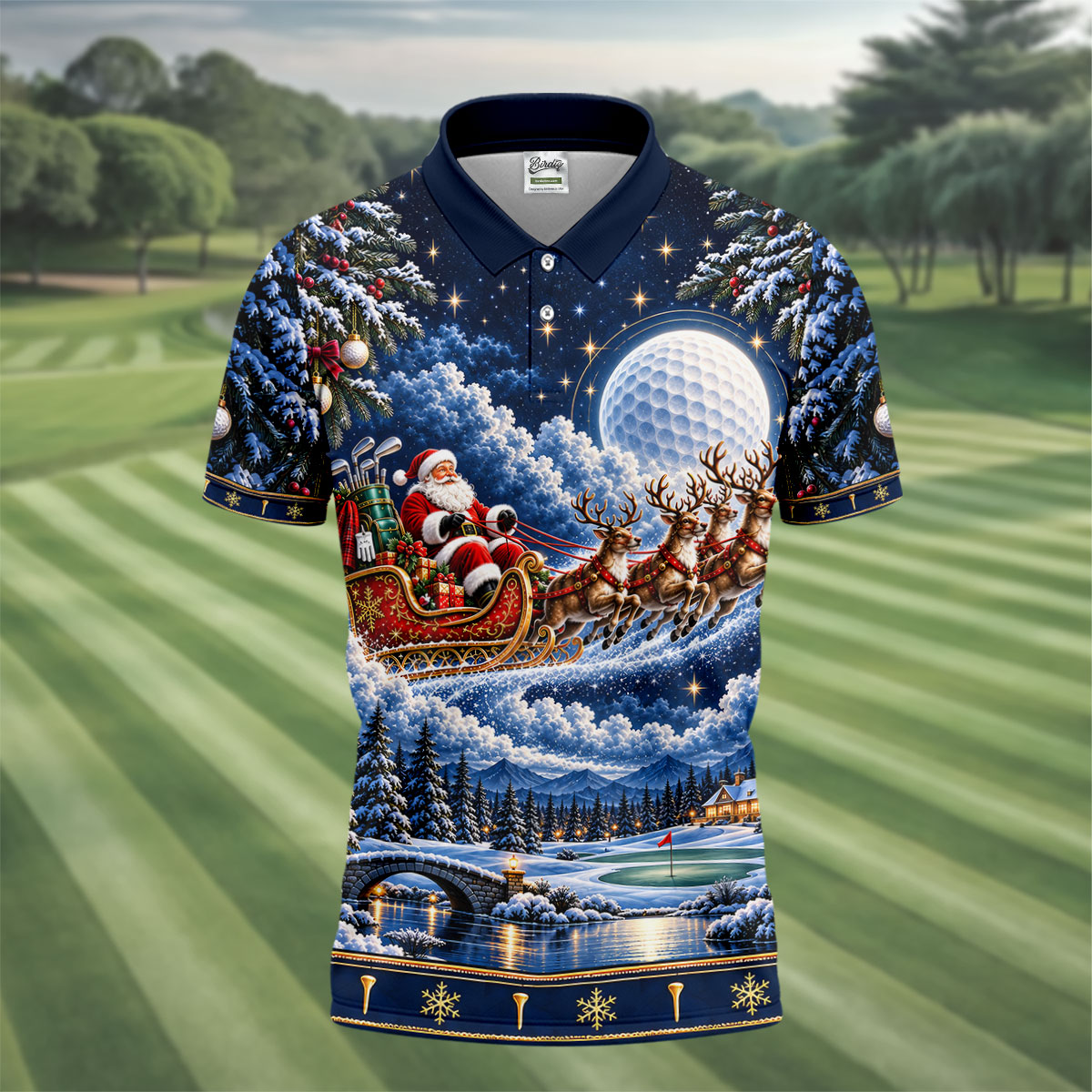 Santa Sleigh Golf Moon Christmas Golf Shirt, Mens Golf Polo, Mens Holiday Golf Shirts