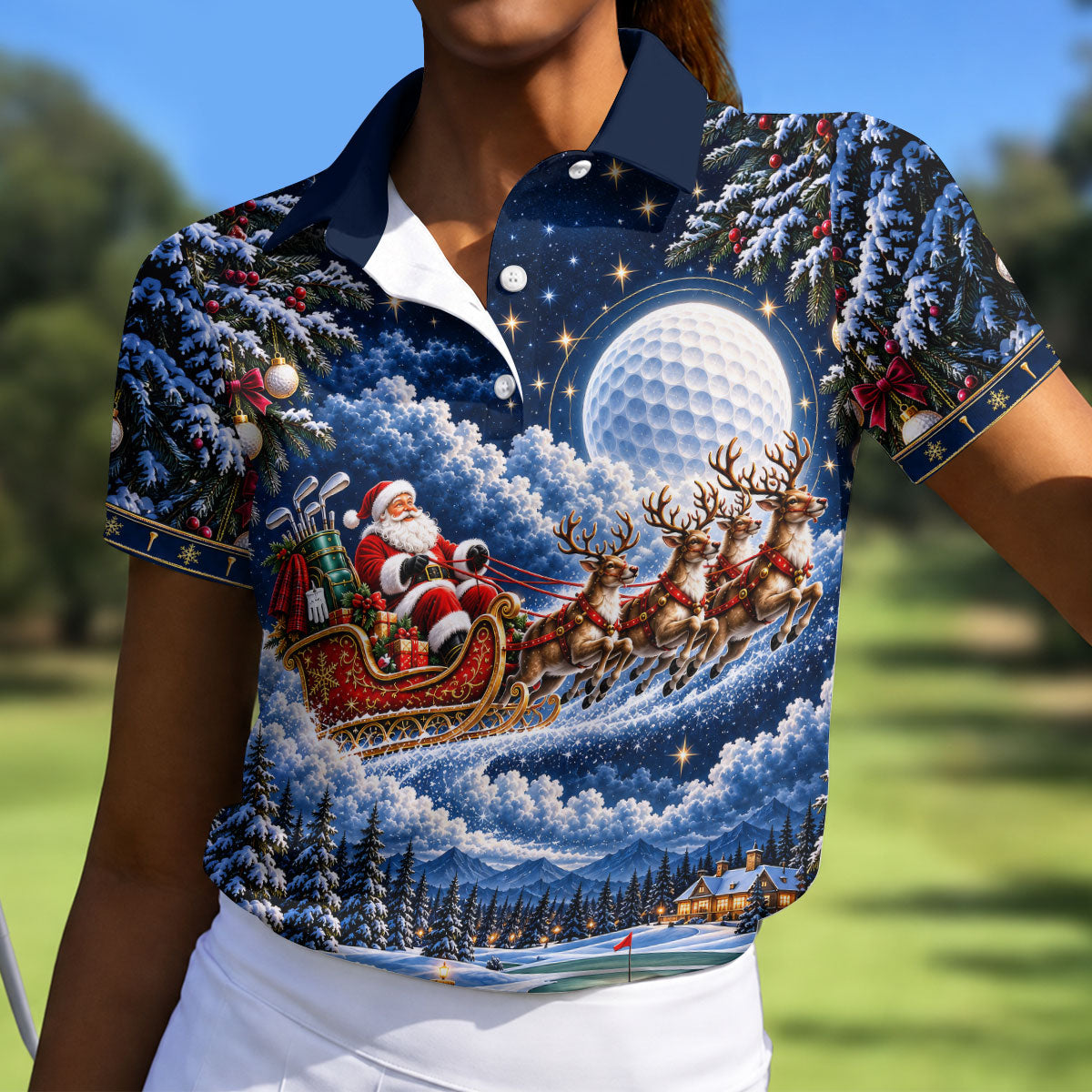 Santa Sleigh Golf Moon Christmas Golf Shirt, Womens Golf Tops, Golf Gifts For Women