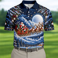 Santa Sleigh Golf Moon Christmas Golf Shirt, Mens Golf Polo, Mens Holiday Golf Shirts