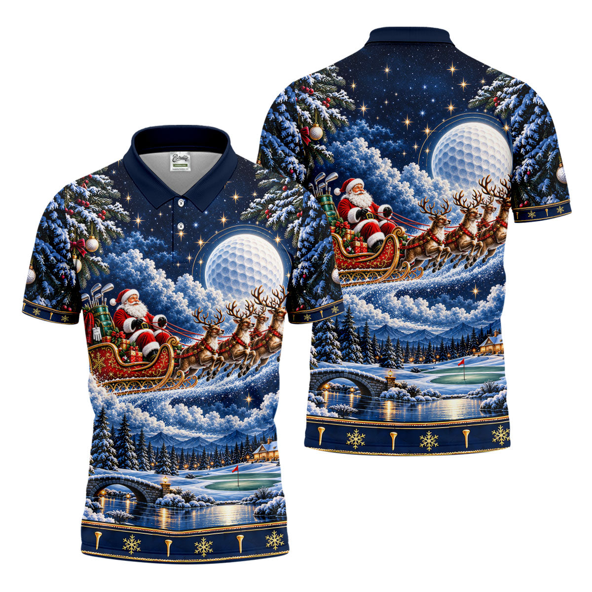 Santa Sleigh Golf Moon Christmas Golf Shirt, Mens Golf Polo, Mens Holiday Golf Shirts