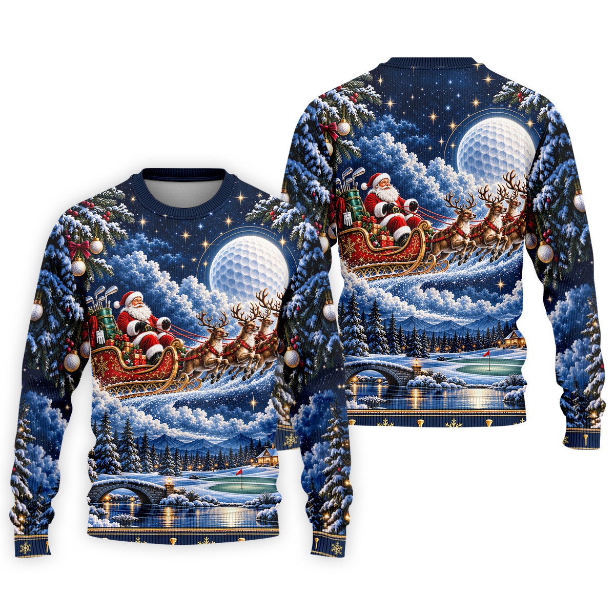 Santa Sleigh Golf Moon Christmas Golf Shirt, Mens Golf Polo, Mens Holiday Golf Shirts