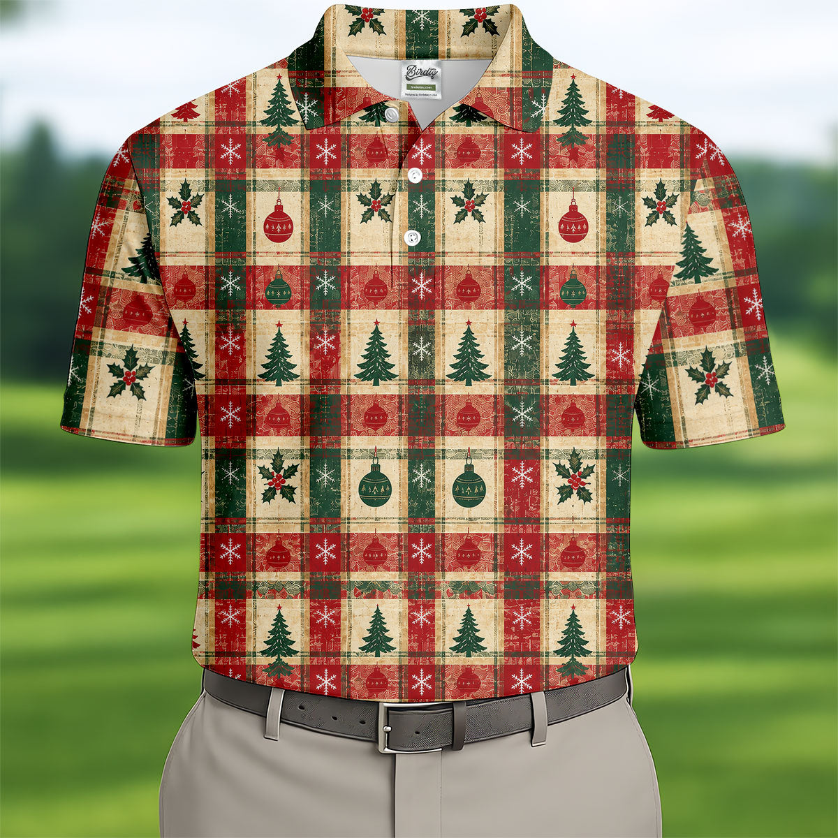 Tree Patchwork Plaid Christmas Golf Shirt, Golf Shirts For Men, Mens Golf Apparel