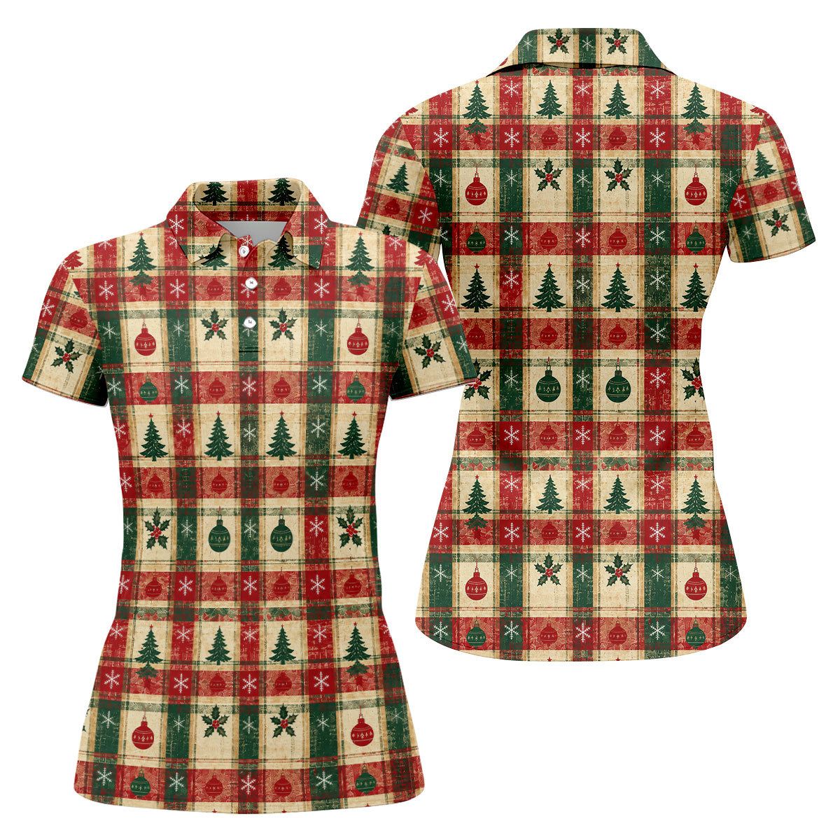 Tree Patchwork Plaid Christmas Golf Shirt, Golf Gifts For Women, Womens Golf Clothing