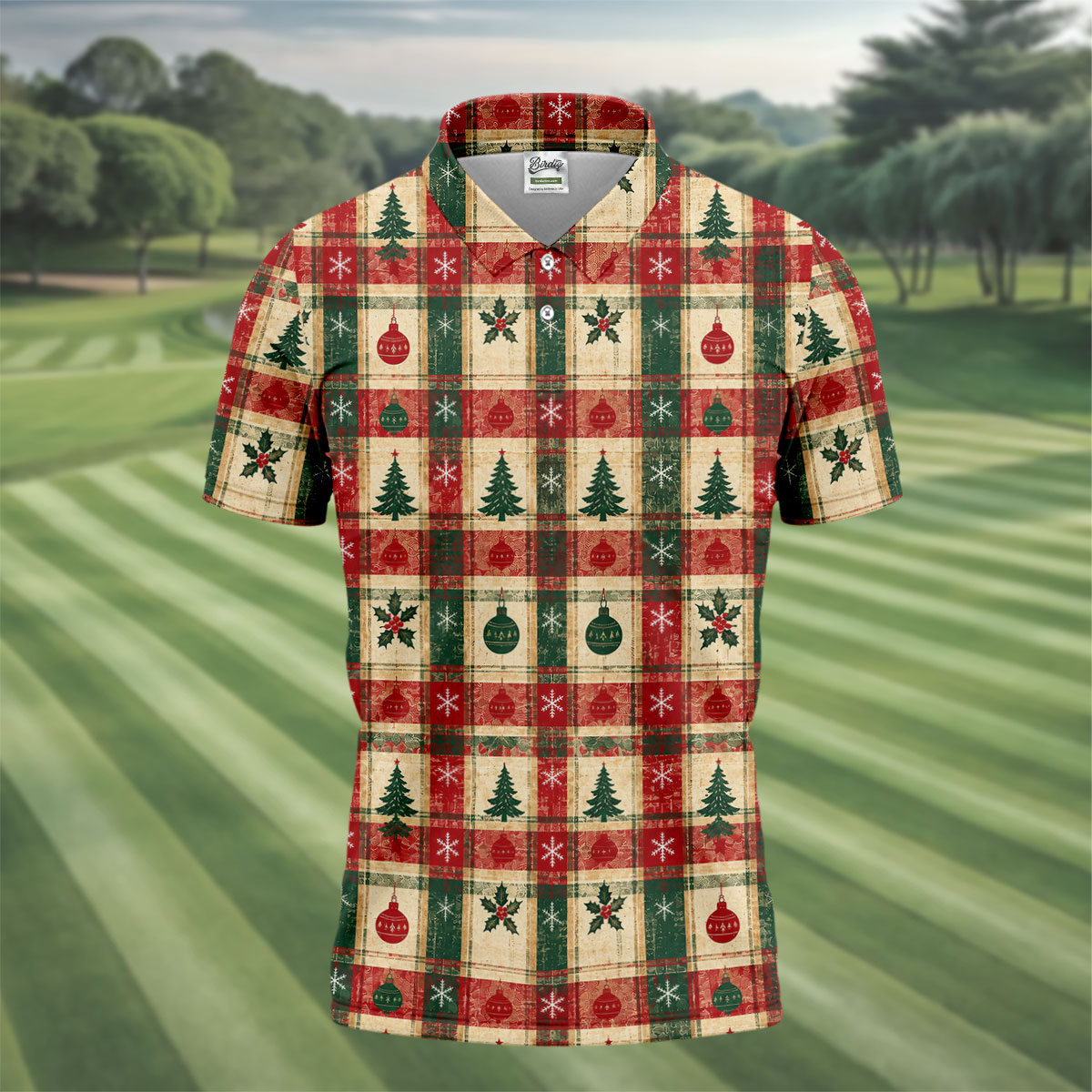 Tree Patchwork Plaid Christmas Golf Shirt, Golf Shirts For Men, Mens Golf Apparel