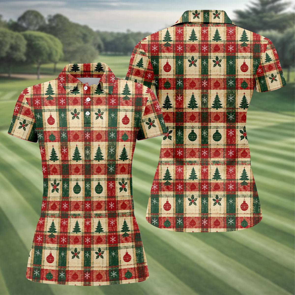 Tree Patchwork Plaid Christmas Golf Shirt, Golf Gifts For Women, Womens Golf Clothing