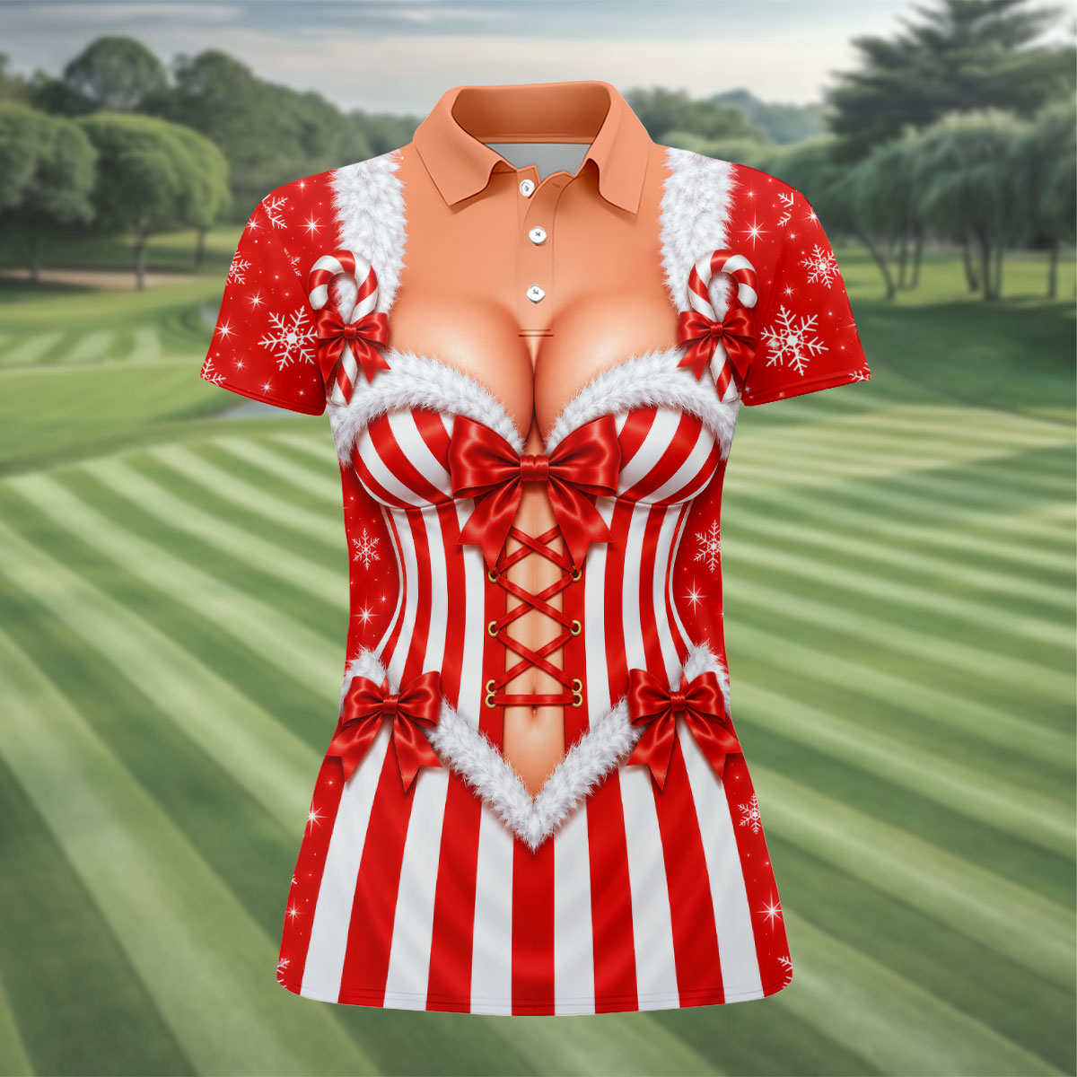 Candy Stripe Corset Christmas Golf Shirt, Womens Golf Shirts, Golf Gifts For Women