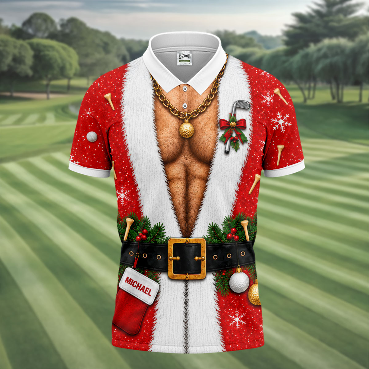 Custom Name Hairy Santa Christmas Golf Shirt, Golf Polo For Men, Mens Golf Apparel