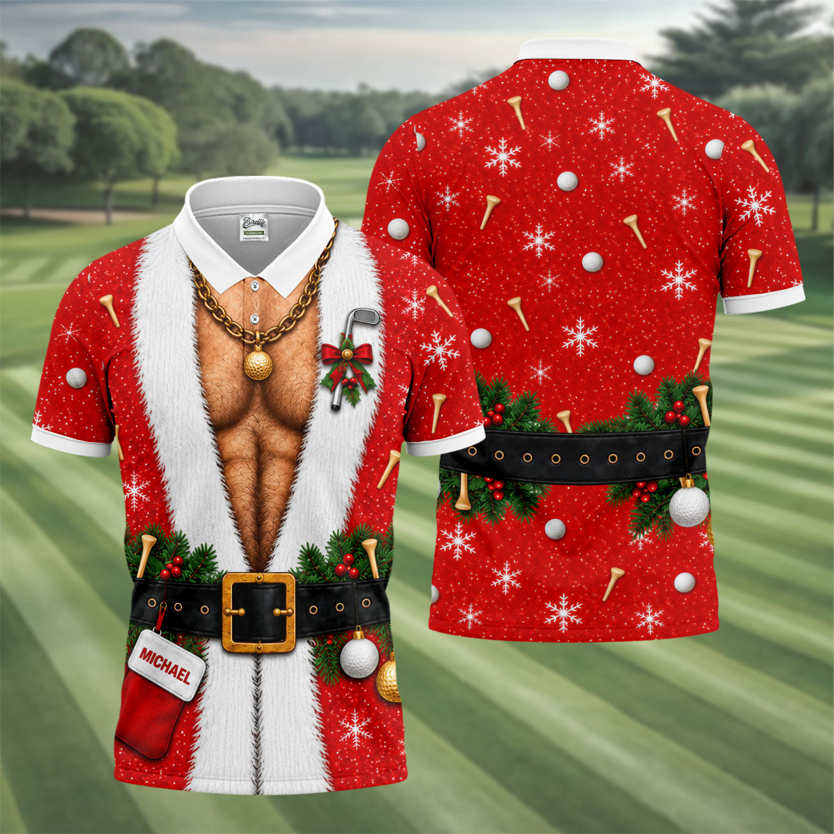 Custom Name Hairy Santa Christmas Golf Shirt, Golf Polo For Men, Mens Golf Apparel