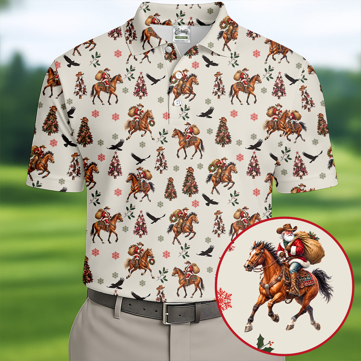 Cowboy Santa Riding Horse Christmas Golf Shirt, Mens Golf Apparel, Golf Gifts For Men