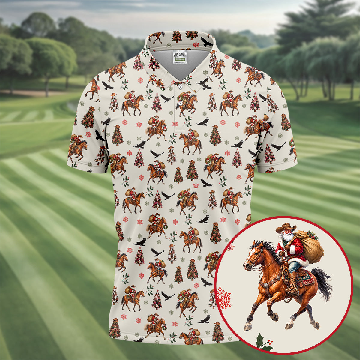 Cowboy Santa Riding Horse Christmas Golf Shirt, Mens Golf Apparel, Golf Gifts For Men