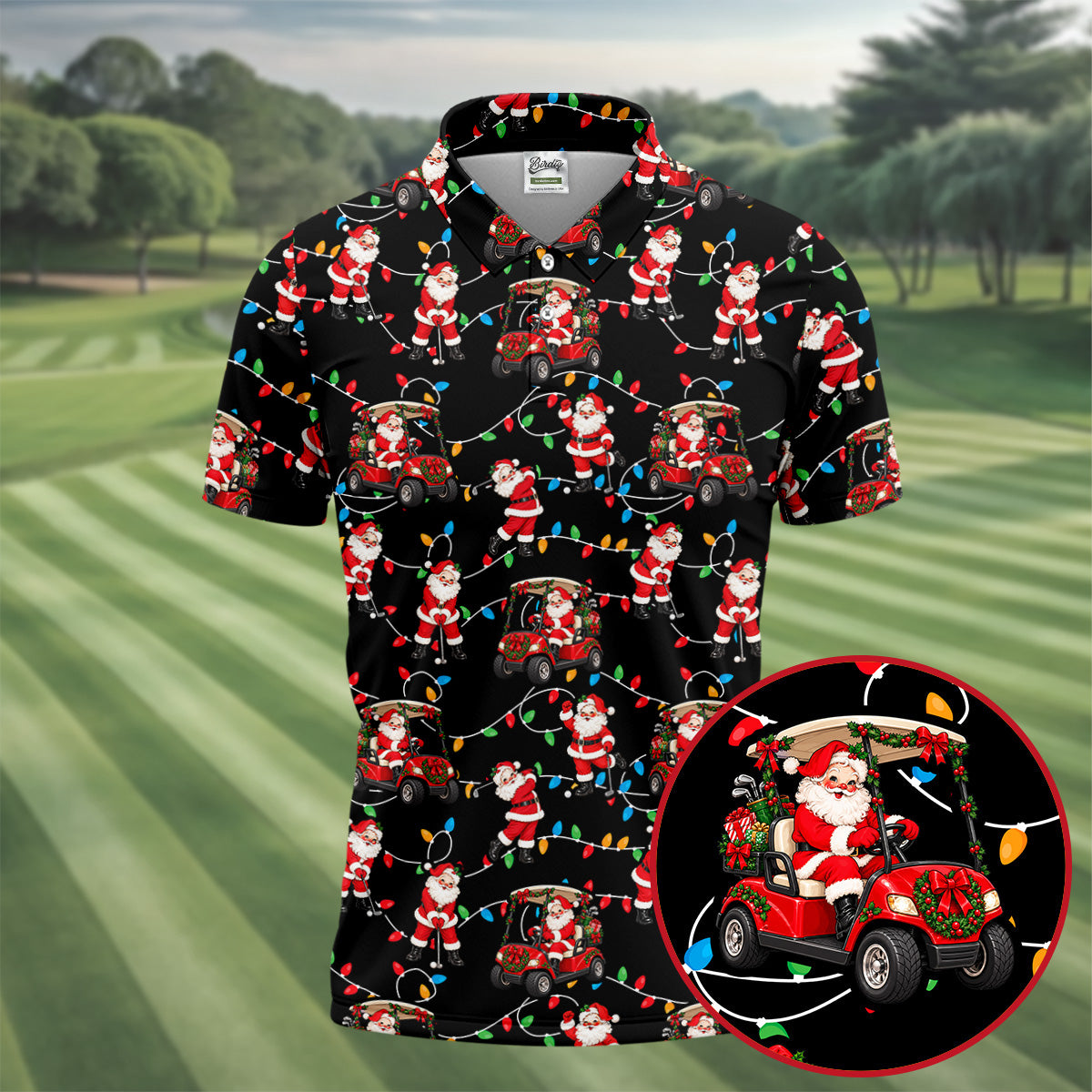Santa Golf Cart Lights Christmas Golf Shirt, Golf Gifts For Men, Mens Golf Clothing