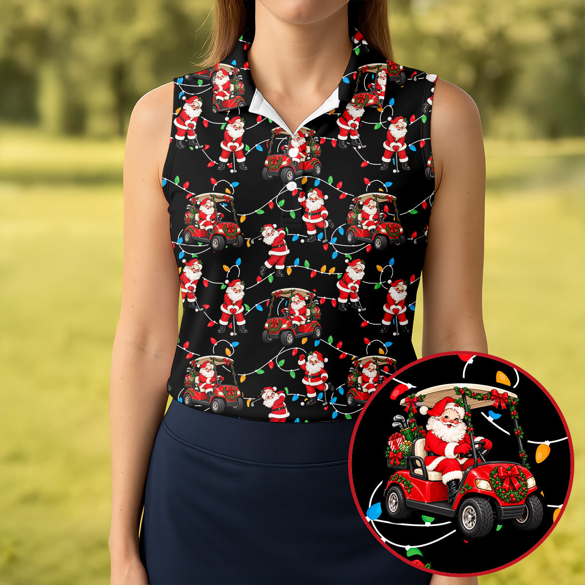 Santa Golf Cart Lights Christmas Golf Shirt, Ladies Golf Apparel, Womens Golf Apparel
