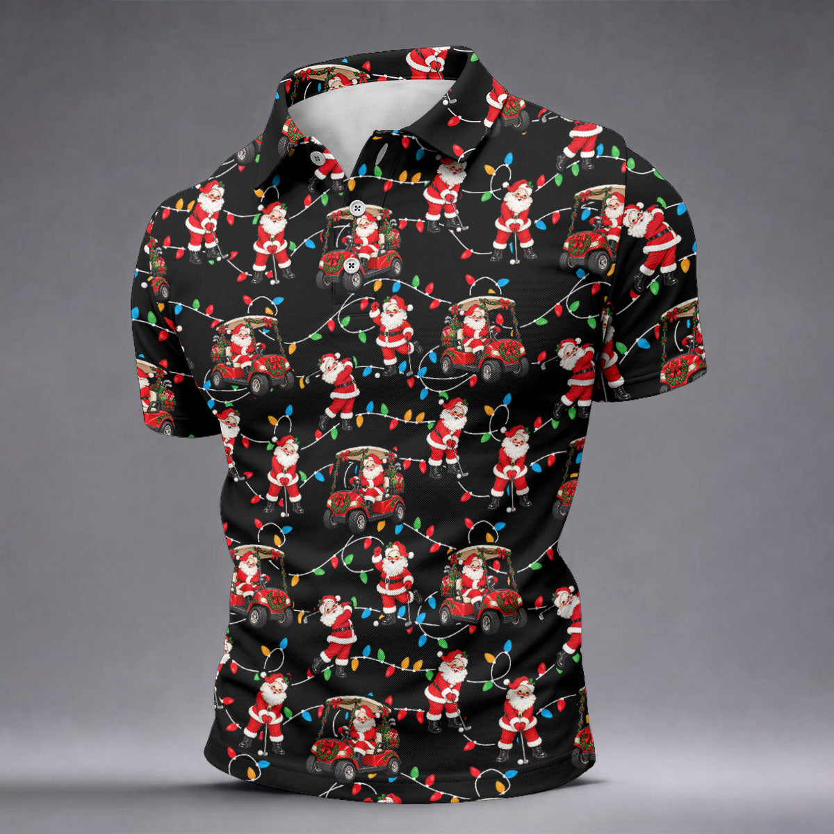 Santa Golf Cart Lights Christmas Golf Shirt, Golf Gifts For Men, Mens Golf Clothing