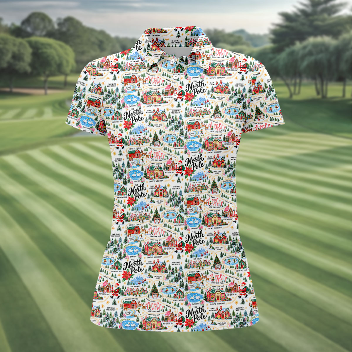 North Pole Village Map Christmas Golf Shirt, Womens Golf Shirts, Womens Golf Clothing