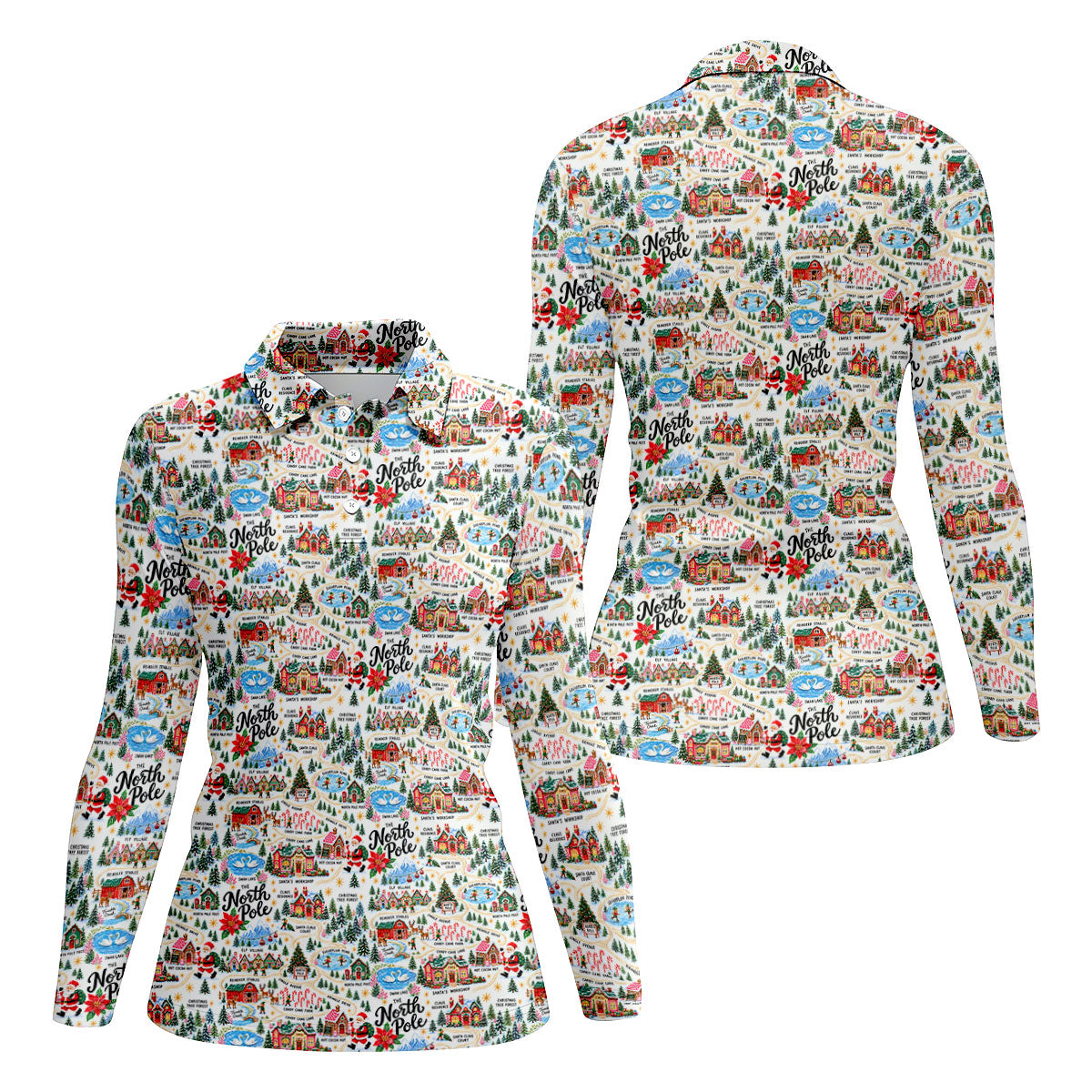 North Pole Village Map Christmas Golf Shirt, Womens Golf Shirts, Womens Golf Clothing