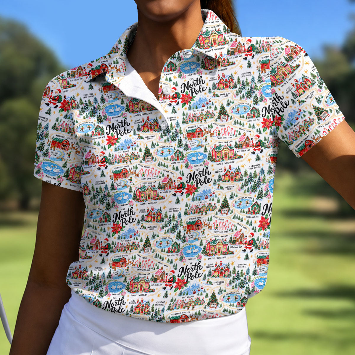 North Pole Village Map Christmas Golf Shirt, Womens Golf Shirts, Womens Golf Clothing