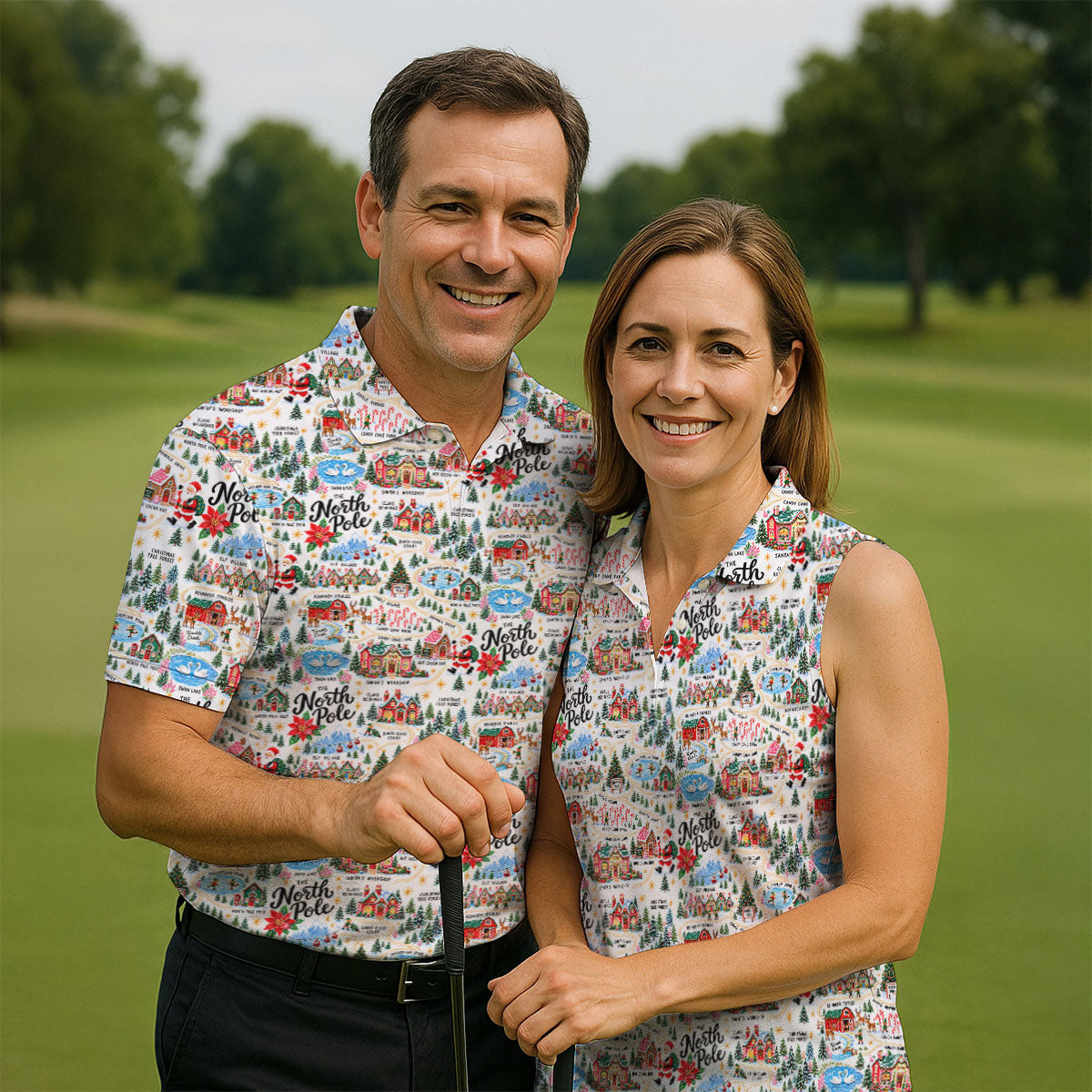 North Pole Village Map Christmas Golf Shirt, Womens Golf Shirts, Womens Golf Clothing