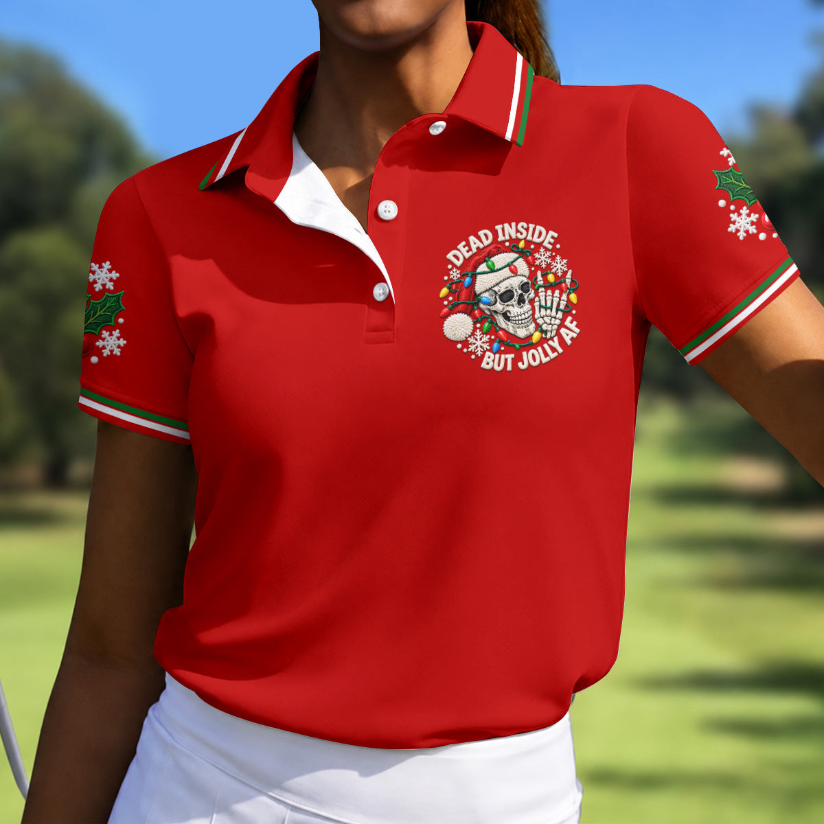 Jolly AF Skull Chest Logo Christmas Golf Shirt, Womens Golf Apparel, Ladies Golf Tops