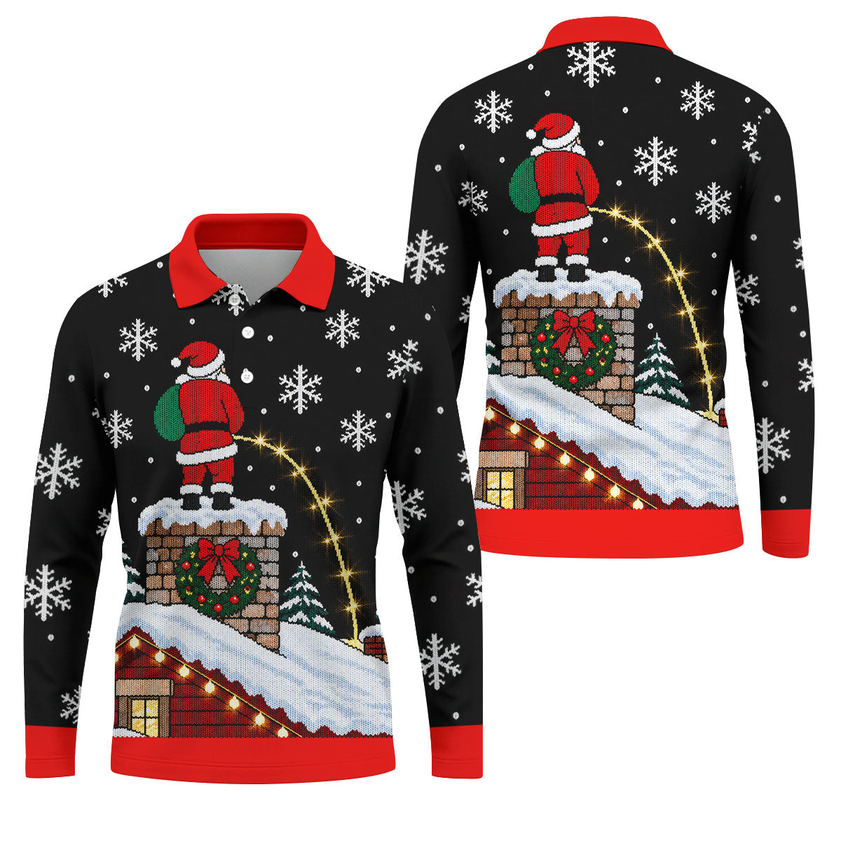 Santa On Chimney Christmas Golf Shirt, Mens Golf Apparel, Funny Mens Golf Shirts - Long Sleeve Polo Shirt