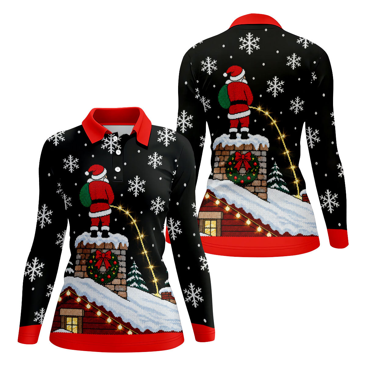 Santa On Chimney Christmas Golf Shirt, Golf Shirts For Women, Womens Golf Clothing - Long Sleeve Polo Shirt