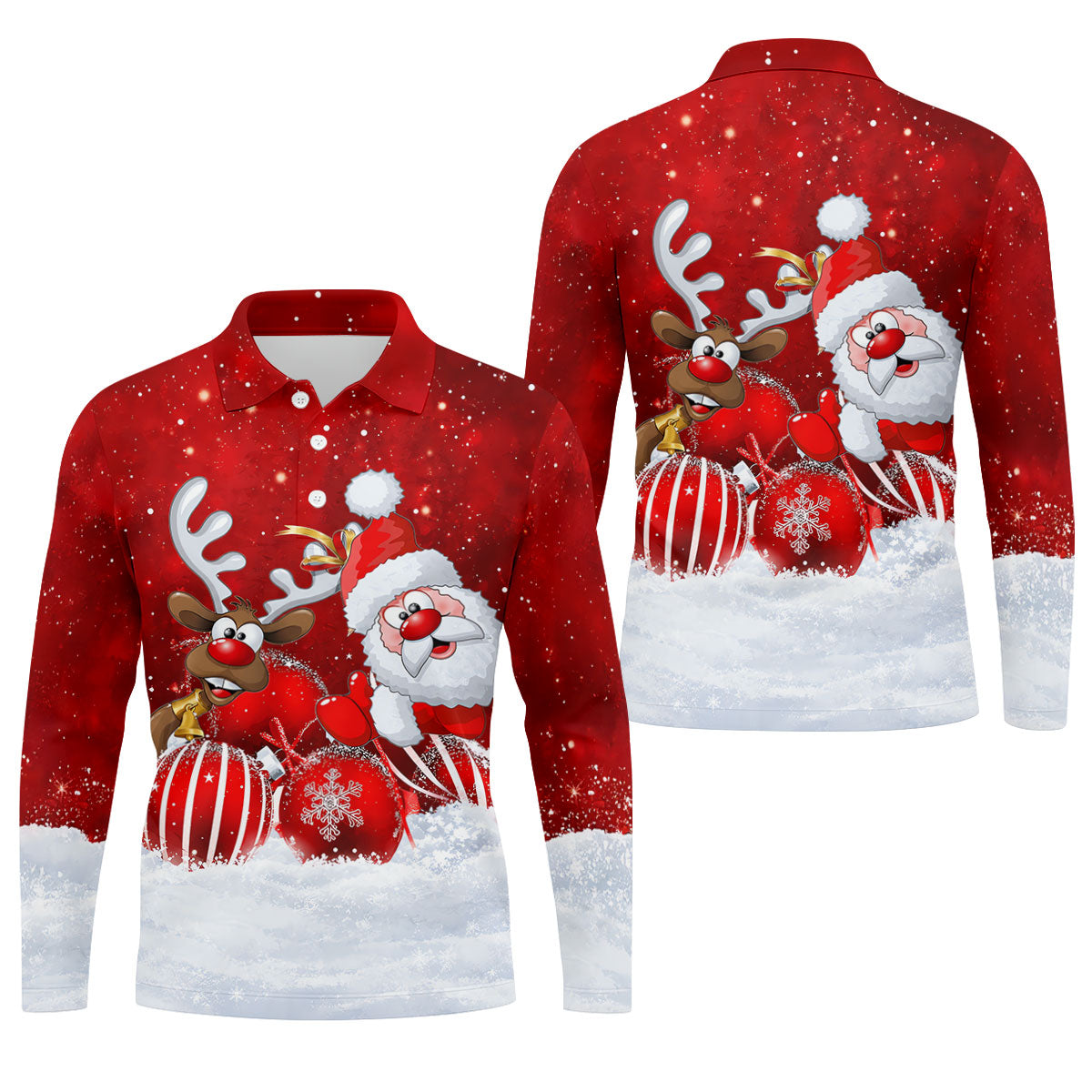 Santa Reindeer Snow Christmas Golf Shirt, Golf Shirts For Men, Golf Gifts For Men - Long Sleeve Polo Shirt