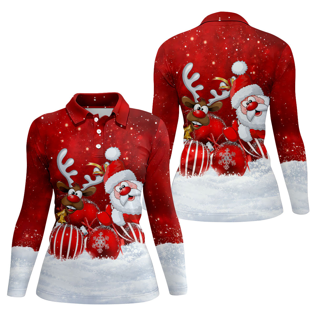 Santa Reindeer Snow Christmas Golf Shirt, Womens Golf Tops, Womens Golf Clothing - Long Sleeve Polo Shirt