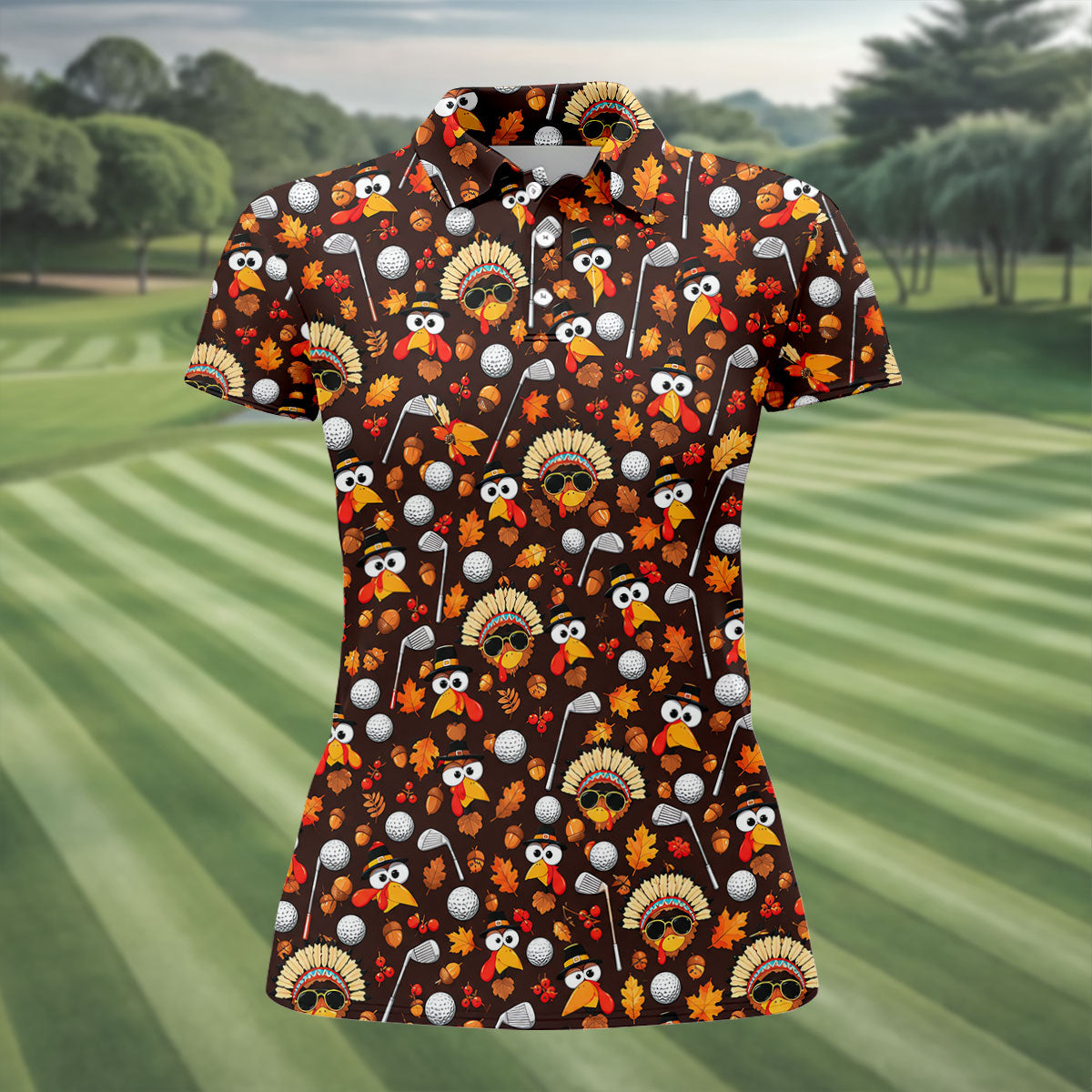 Golf Turkey Pattern Thanksgiving Golf Shirt, Womens Golf Tops, Ladies Golf Shirts