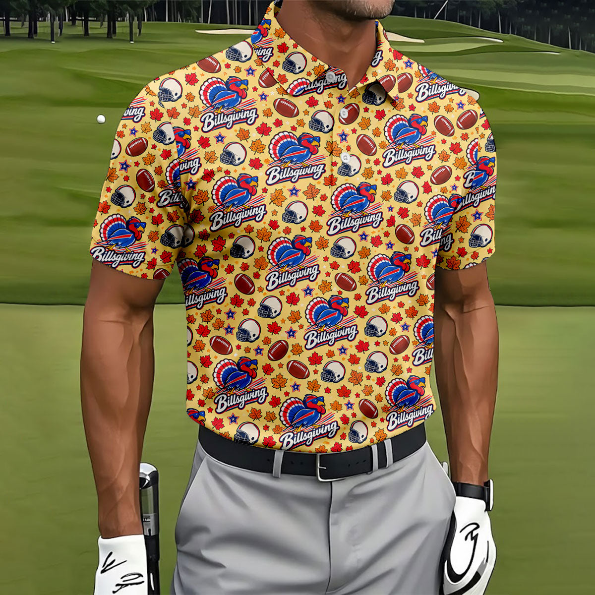 Yellow Football Leaves Thanksgiving Golf Shirt, Golf Shirts For Men, Mens Golf Shirts