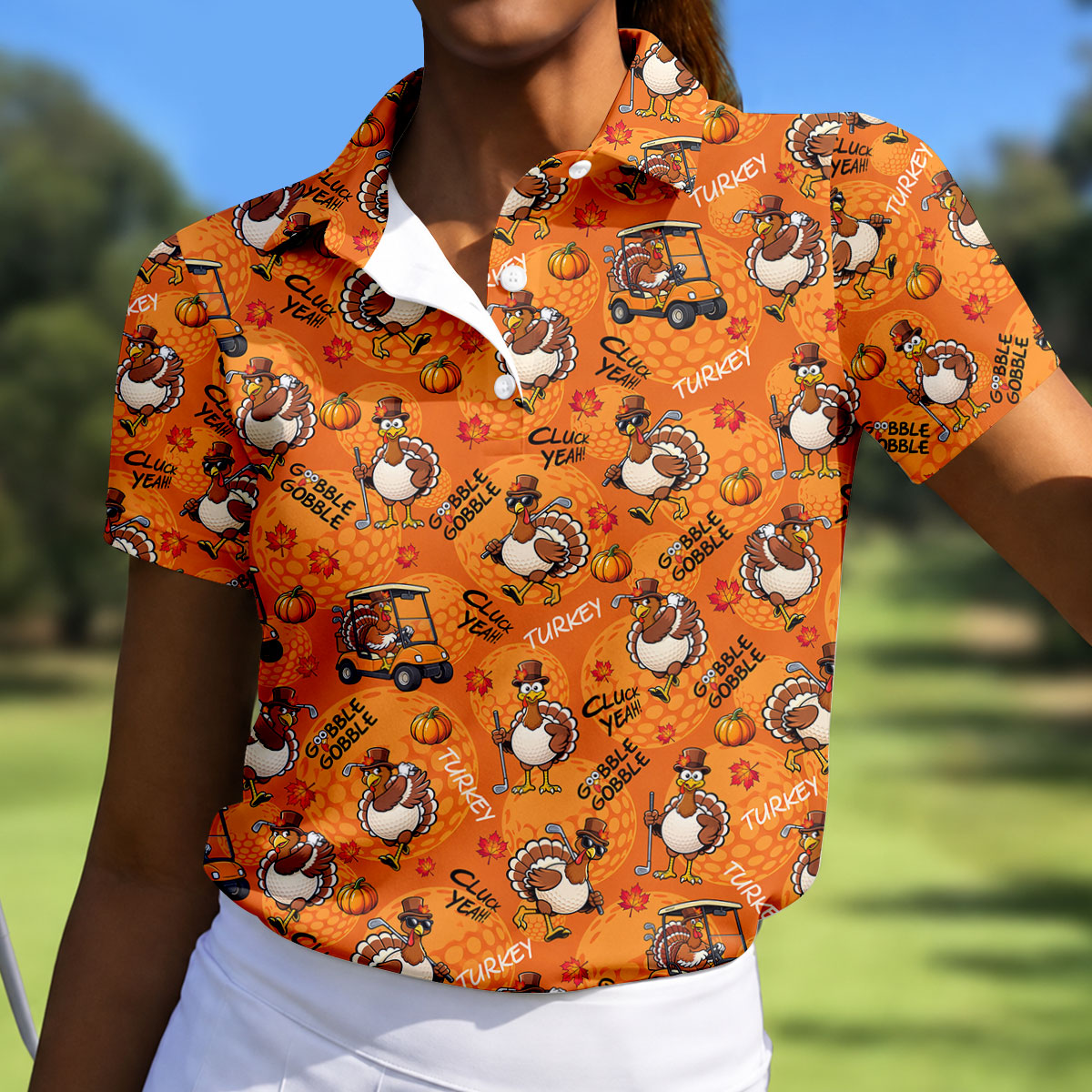 Turkey Golf Cart Thanksgiving Golf Shirt, Golf Shirts For Women, Womens Golf Clothing