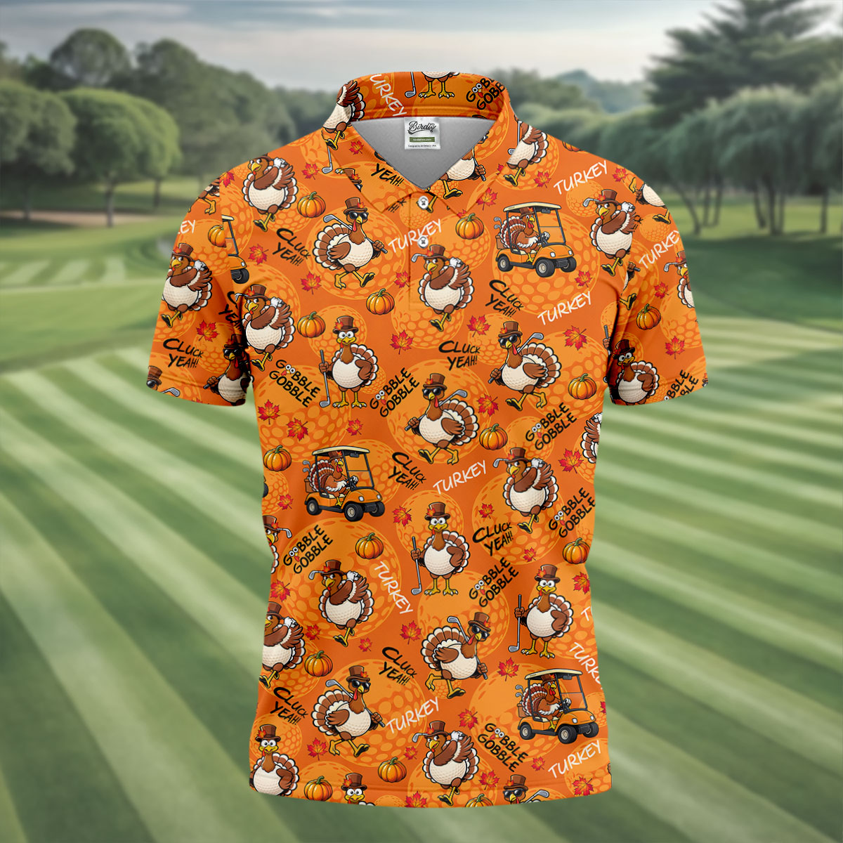 Turkey Golf Cart Thanksgiving Golf Shirt, Mens Golf Clothing, Funny Mens Golf Shirts
