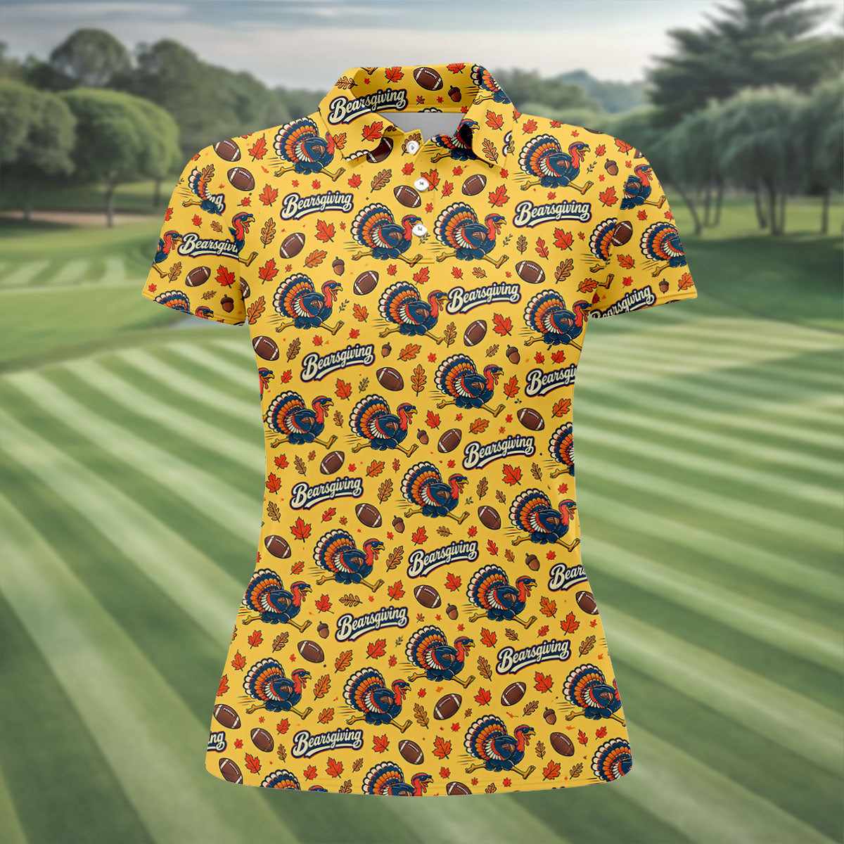 Yellow Turkey Leaves Thanksgiving Golf Shirt, Ladies Golf Shirts, Womens Golf Apparel