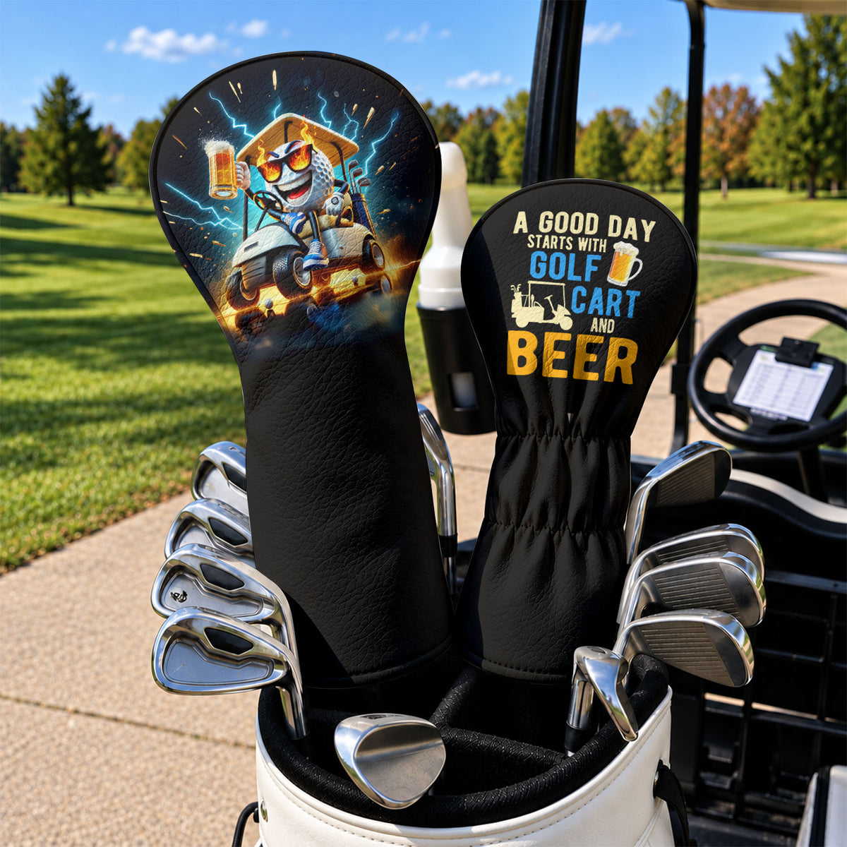 A Good Day Starts With Golf Cart And Beer Headcover, Golf And Beer Gift, Golfer Gift
