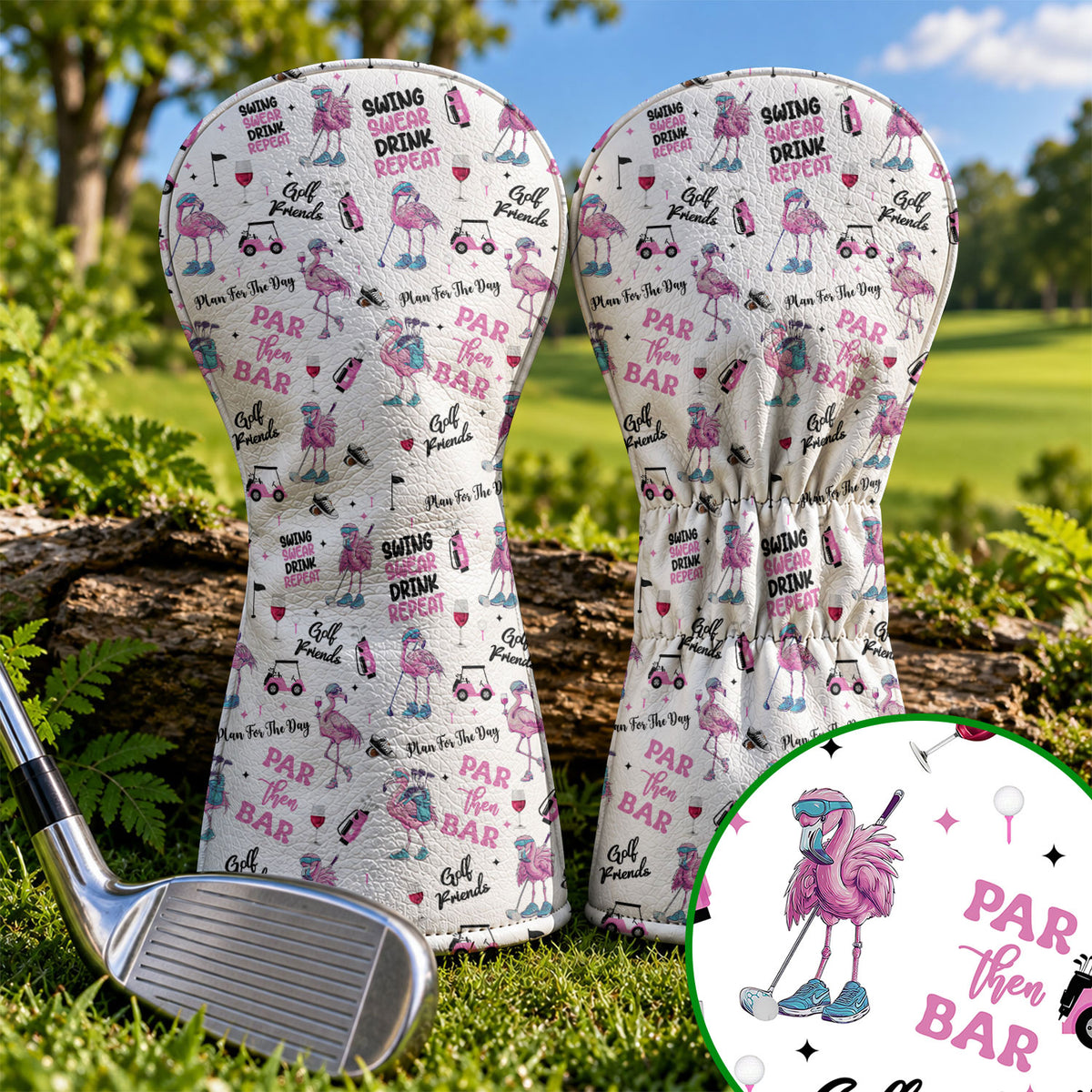 Par Then Bar Flamingo Funny Golf Head Cover, Golf Bag Accessories, Driver Head Cover