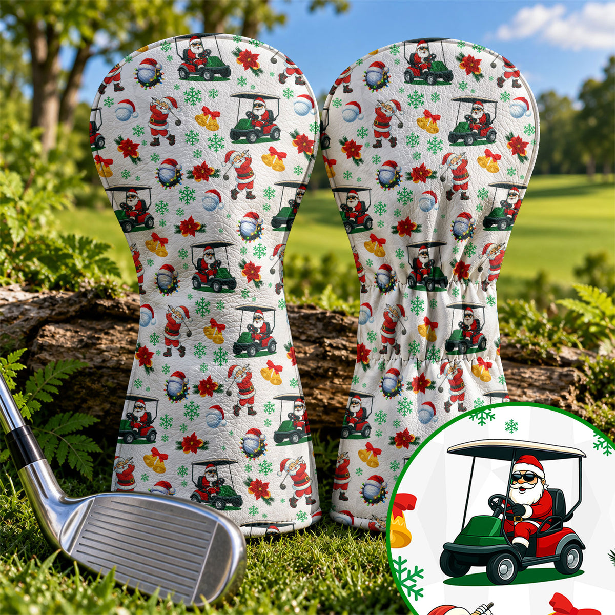Santa Golf Cart Christmas Pattern Golf Head Cover, Christmas Golf Gift, Driver Cover