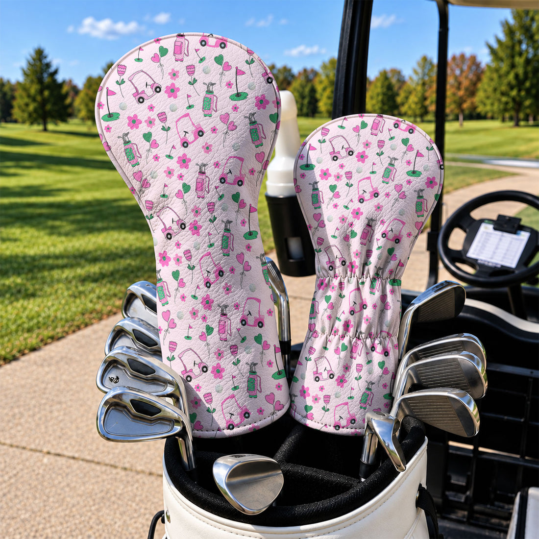Pink Green Golf Cart Flowers Golf Head Cover, Gift For Her, Golf Headcovers For Women