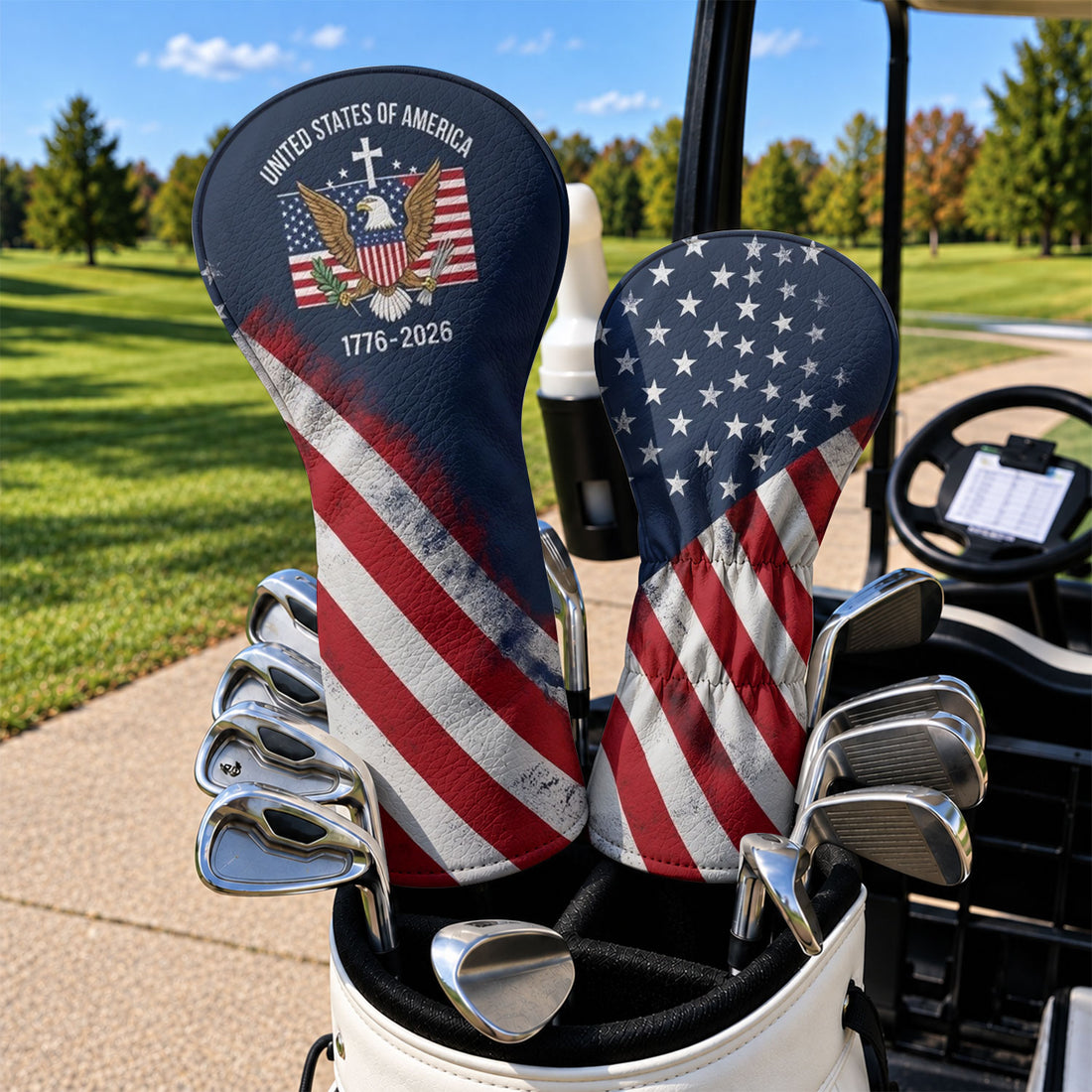 US Bald Eagle Distressed Flag Faith Cross Headcover, Patriotic Golf Gift, Golfer Gift