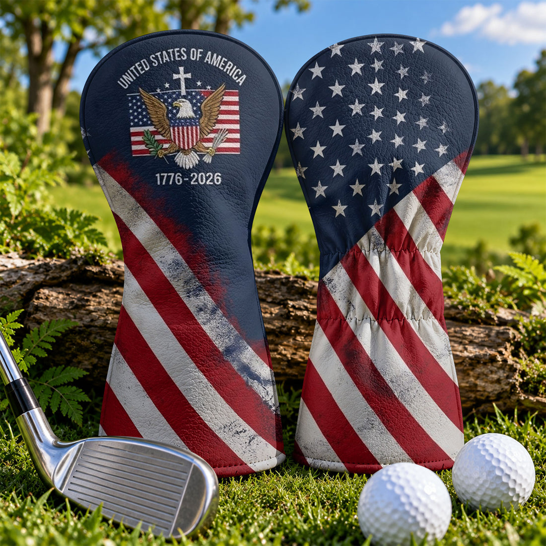 US Bald Eagle Distressed Flag Faith Cross Headcover, Patriotic Golf Gift, Golfer Gift