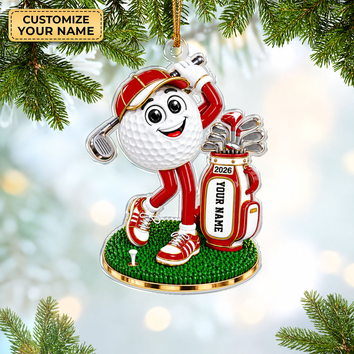 Custom Name Golf Ball Mascot Acrylic Ornament, Christmas Ornaments, Gifts For Golfers