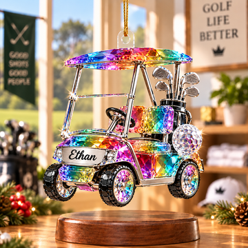 Custom Name Rainbow Golf Cart Acrylic Ornament, Christmas Tree Decor, Golf Cart Gifts