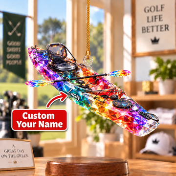 Custom Name Rainbow Kayak Acrylic Ornament, Christmas Ornaments, Kayaking Gifts