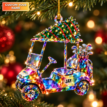 Custom Name Rainbow Golf Cart Tree Acrylic Ornament, Christmas Tree Decor, Golf Gifts
